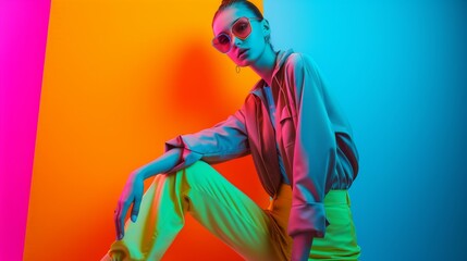 Fashion model striking a confident pose in front of a vibrant, colorful backdrop. Confident young woman in stylish attire poses against a vibrant background.  - obrazy, fototapety, plakaty