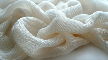 On a white background, we see knitted fabric unraveling - obrazy, fototapety, plakaty