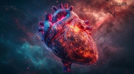 Heart and brain with a digital interface and a starry sky as a backdrop. - obrazy, fototapety, plakaty