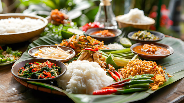 Traditional Thai dishes served on wooden table with a vibrant display of exotic vegetables and rich colors in a tropical setting