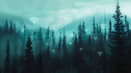 A digital artwork depicting a mystical forest with glowing Wi-Fi symbols floating in the foggy air, suggesting connectivity - obrazy, fototapety, plakaty