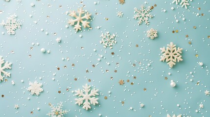 a blue background with white snowflakes and small stars
