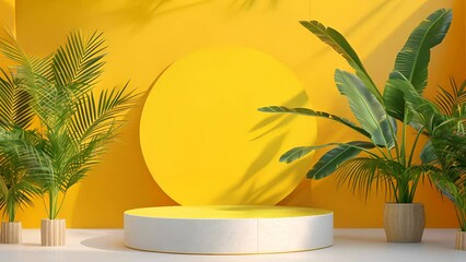 Product stand yellow background podium 3d tropical stage scene palm beauty mockup