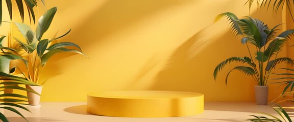 Product stand yellow background podium 3d tropical stage scene palm beauty mockup
