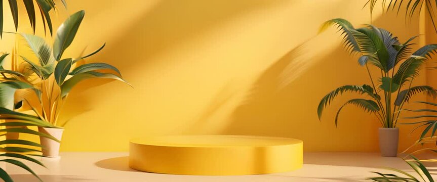 Product stand yellow background podium 3d tropical stage scene palm beauty mockup