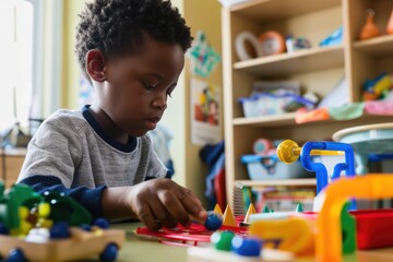 A young African American boy plays with toys working on fine motor skills with concentration and determination.