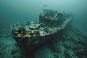 A shipwreck is seen in the ocean with a lot of debris and fish swimming around it. Scene is eerie and mysterious, as the ship is long gone and the ocean is filled with life
