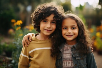 Fototapeta premium A brother and sister siblings, hugging near a beautiful garden, capturing the essence of sibling love.