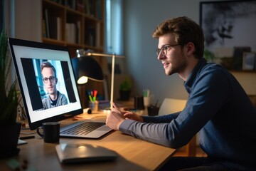 A male student sitting by desk with notebook participating in a virtual classroom, demonstrating the evolution of education and remote learning through online communication.