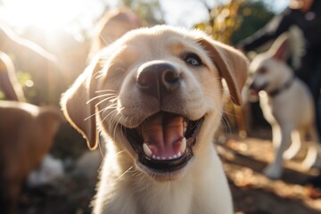 An exuberant puppy participating in socialization training, playfully interacting with both dogs and humans, encapsulating the curiosity and liveliness of young dogs during initial learning stages.