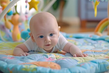 A baby enjoys tummy time on a mat, reaching for hanging toys to strengthen neck muscles and develop gross motor skills. The scene radiates warmth and comfort in a stimulating play area at 3 months old