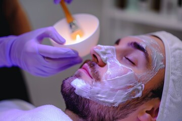 A man getting a facial treatment in a beauty salon. A white bowl with a brush on top and a face mask.