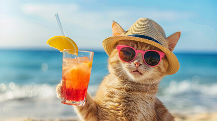 Summer holiday concept with a relaxing cat in a hat and a cocktail on the beach