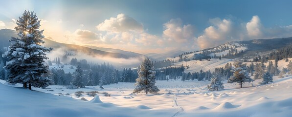 a snowy landscape with trees and mountains