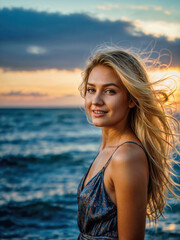 Naklejka premium Beautiful young woman with long blonde hair stands on a beach at sunset.