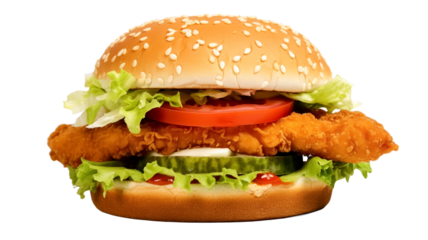 Crispy chicken burger isolated on a transparent background PNG.

