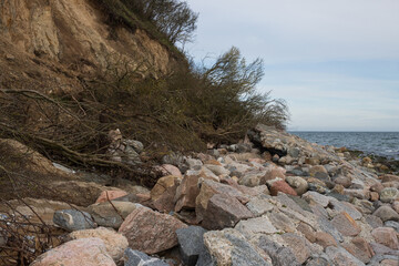 Fototapeta na wymiar Sturmschäden an der Steilküste mit abgetragenem Stein Wall und Hang Abbrüchen mit abgestürzten Bäumen.