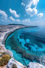 a rocky shore with blue water and clouds in the sky - obrazy, fototapety, plakaty