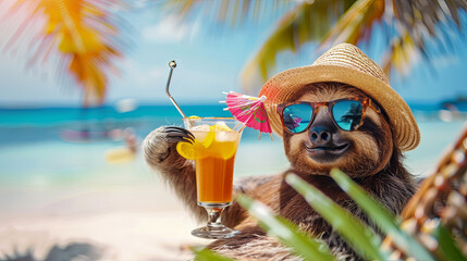 Fototapeta premium A cute sloth wearing sunglasses and holding a glass of cocktail against the backdrop of the ocean