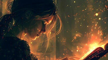 A woman is absorbed in a book with golden light surrounding her, creating a mystical and enchanting atmosphere.
