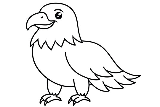 Happy cute eagle cartoon, line art, vector illustration