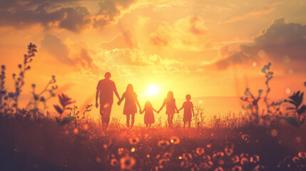 Parents, happy children go to sun. People walk in nature. Big family holding hands walk in park at sunset. Dad mom, son, daughter walk, walk together outdoors. Concept of happy family childhood dream - obrazy, fototapety, plakaty