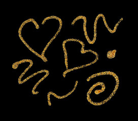 Abstract glitter gold dot smear line brush stroke elements. Isolated on black background.