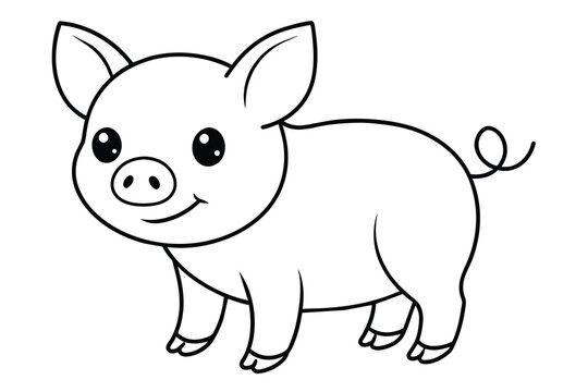 Cute little pig cartoon, line art, vector illustration.