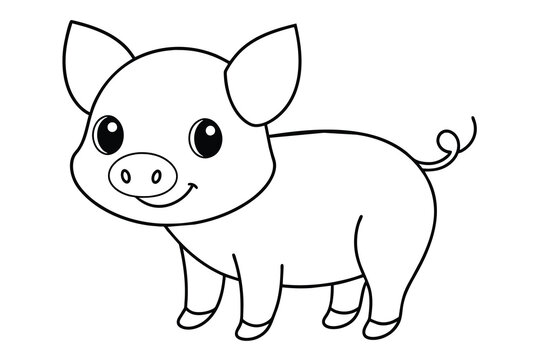 Cute little pig cartoon, line art, vector illustration