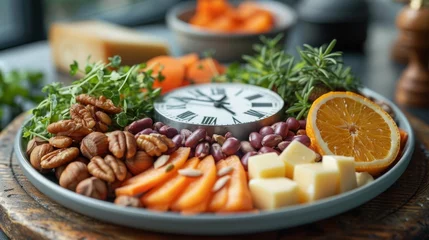 Poster A circle of vegetables, oranges, cheese, nuts, and a clock. Diet and lunch time, intermittent fasting concept, plate of healthy food. © DZMITRY