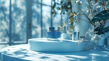 Three-dimensional render illustration of unbranded cosmetics on a white podium. Cosmetics for beauty care. Shadows on blue background. - obrazy, fototapety, plakaty