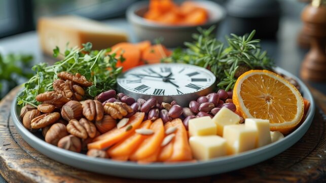 A circle of vegetables, oranges, cheese, nuts, and a clock. Diet and lunch time, intermittent fasting concept, plate of healthy food.