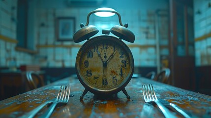 This alarm clock has a fork and knife in place of clock hands. The concept of intermittent fasting, lunchtime, diet, and weight loss is shown on the screen. - obrazy, fototapety, plakaty