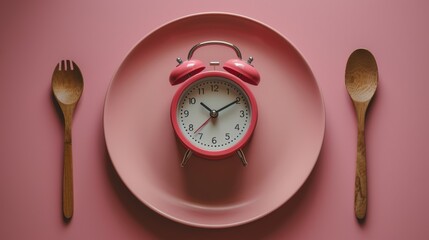 An alarm clock and wooden spoon on an empty pink plate illustrate the concept of intermittent fasting, lunchtime, dieting, and weight loss.