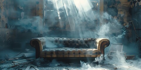 a couch in a room with smoke and a window - obrazy, fototapety, plakaty