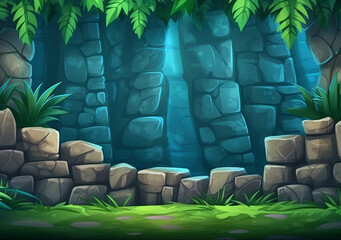 A vibrant cartoon illustration of a jungle scene with a lush green foreground and a mysterious stone wall background.