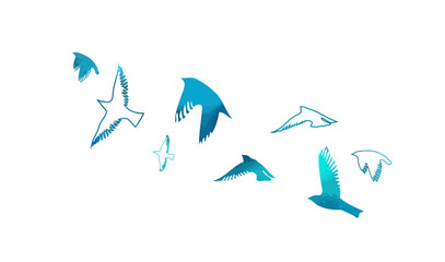 A flock of blue watercolor flying birds. hand drawing. Not AI, Free birds abstraction. Vector illustration - obrazy, fototapety, plakaty