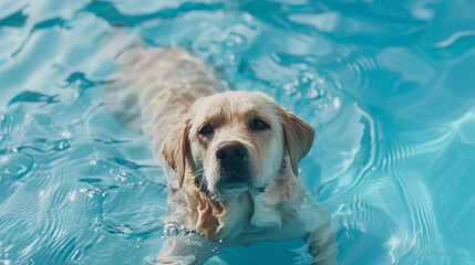 Labrador cools off by swimming in the blue water of the pool