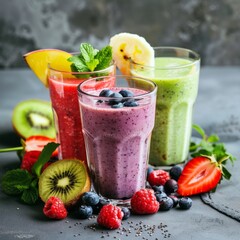 Three glasses of fresh fruit smoothies with berries, kiwi, and mint on a dark slate background. Three glasses of fresh fruit smoothies with berries, kiwi, and mint on a rustic dark slate background. 