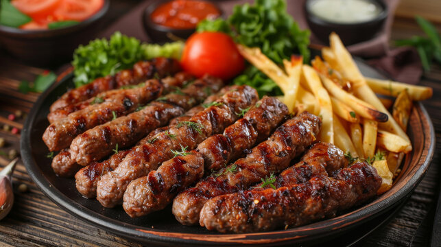 Authentic bulgarian kebapche served with fresh vegetables and fries on a wooden table