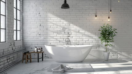 A cozy white bathroom with a brick wall and a panoramic window creates a charming atmosphere