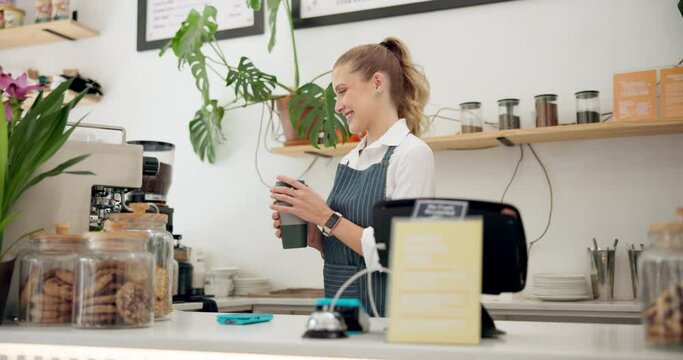 Service, barista or customer with cup at cafe for drinks or return at checkout counter in a coffee shop job. Reusable bottle, giving or waitress in small business restaurant with a woman or lady