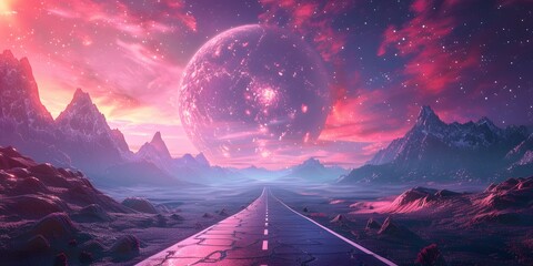 a road leading to a planet - obrazy, fototapety, plakaty