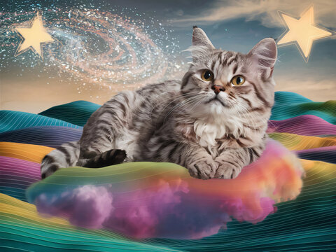 Tierno gatito sentado en una nube multicolor de fantas&iacute;a