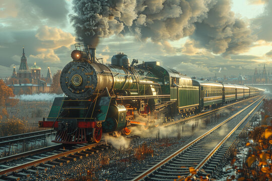 A vintage steam locomotive next to a high-speed bullet train on parallel tracks. Concept of transportation revolution. Generative Ai.