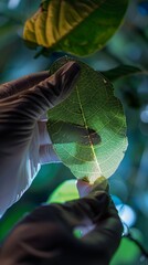 botanist biotechnologist studies the leaves of plants for the presence of diseases and pests in the greenhouse