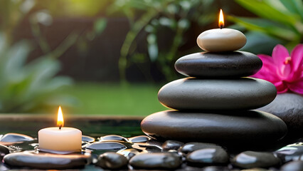 Obraz na płótnie Canvas Banner spa stones in garden with candles and flowers for massage spa treatment ,aroma ,healthy wellness relax calm luxurious atmosphere with pampering and well-being healthy skin practices 
