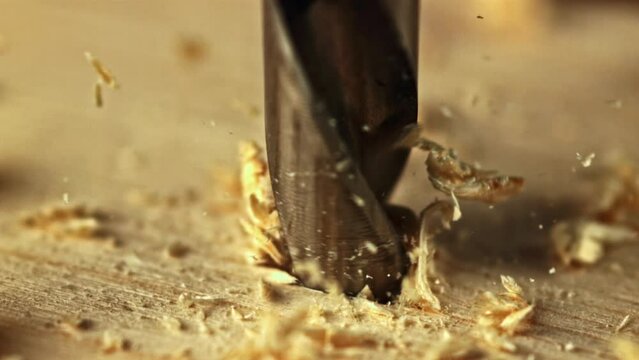 Super slow motion drill is made in a hole in a tree with sawdust. High quality FullHD footage