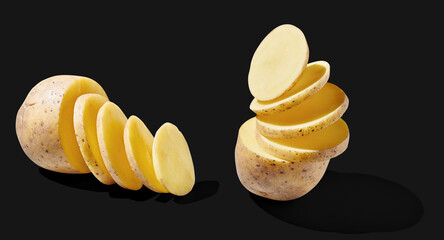 Potato slices isolated on black background