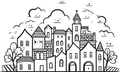 Naklejka premium Skyline Scribbles: Vector Icon of Urban Landscape Urban Oasis: Simplistic Line Drawing Logo Design